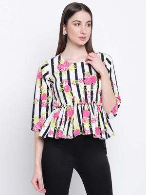 MAYRA Party 3/4 Sleeve Striped Women White Top
