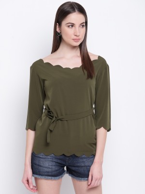 MAYRA Party 3/4 Sleeve Solid Women Light Green Top