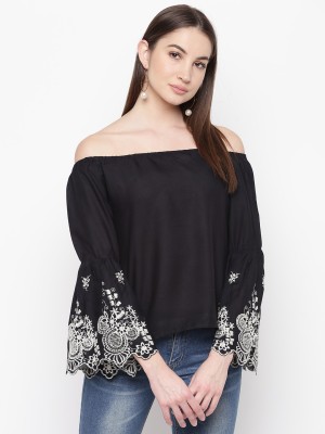 MAYRA Party Bell Sleeve Embroidered Women Black Top