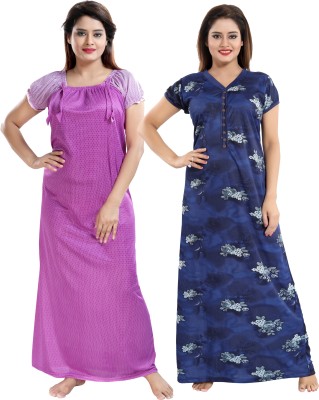 KHOOBS Women Nighty Set(Purple, Dark Blue, White)