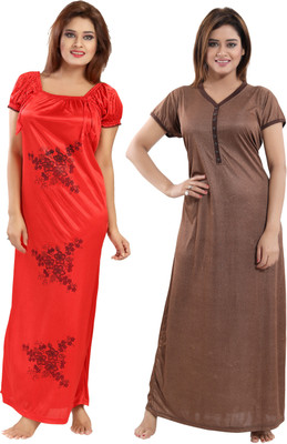 SHOPPING STATION Women Nighty Set(Brown, Red)