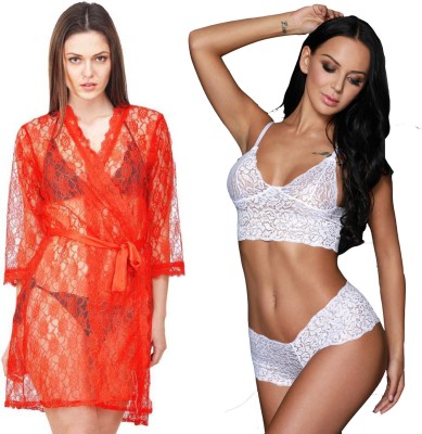 Lovie's Women Robe and Lingerie Set(Red, White)