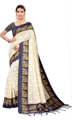 Salooni Printed, Self Design, Animal Print, Checkered Mysore Silk Blend Saree(Dark Blue)