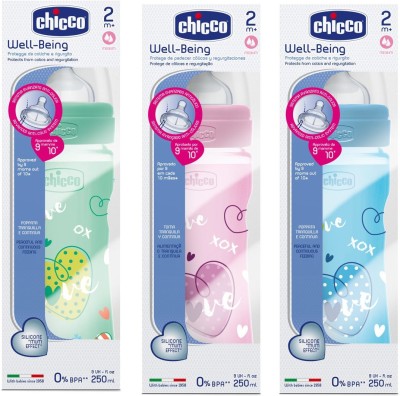 Chicco Benessere Well Being Bottle(Baby Feeding Bottle) (250ml, Pink,Blue,Green) 3pcs Combo - 750 ml(Green, Blue, Pink)