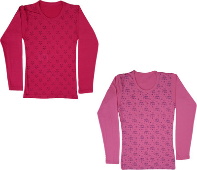 IndiWeaves Girls Printed Cotton Blend Regular T Shirt(Multicolor, Pack of 2)