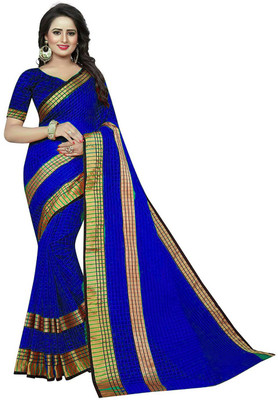 Saadhvi Checkered Daily Wear Cotton Silk Saree(Dark Blue)