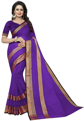 Saadhvi Checkered Kota Doria Cotton Silk Saree(Dark Blue)