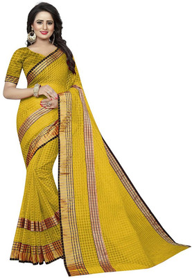 Suali Checkered Daily Wear Cotton Silk Saree(Yellow)