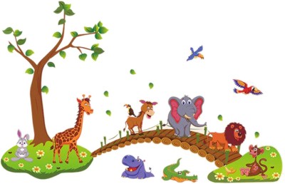 Nema 93 3D Jungle Wild Animals Tree Bridge Wall Sticker for Kid Self Adhesive Sticker(Pack of 1)