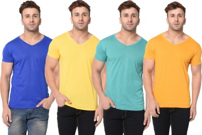 Adorbs Solid Men V Neck Light Blue, Blue, Yellow T-Shirt