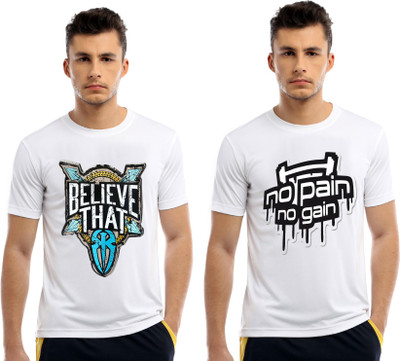 MFB Printed Men Round Neck White T-Shirt(Pack of 2)