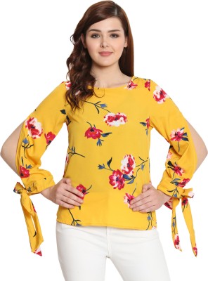 VAHSON Party Cutout Sleeve, Full Sleeve Floral Print Women Yellow Top