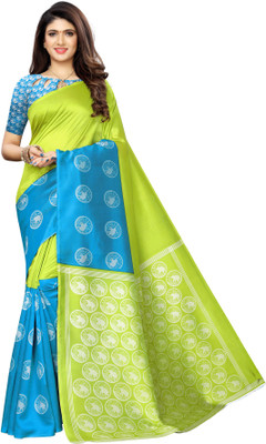Swaron Printed Kanjivaram Poly Silk, Cotton Silk Saree(Green, Blue)