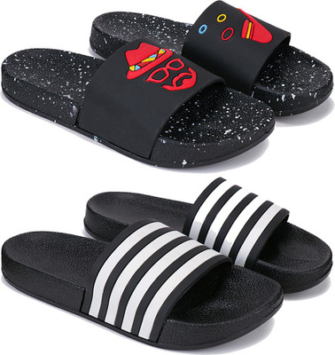 Earton Men Slides(Black, White , 9)