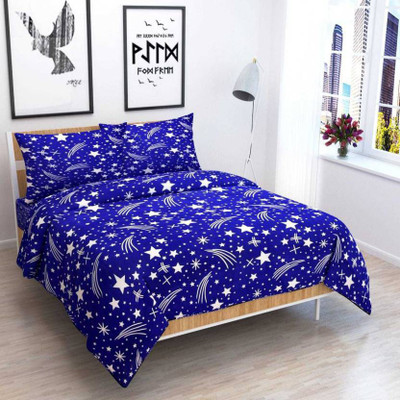 Swiss Hub 120 TC Cotton Double Printed Flat Bedsheet(Pack of 1, Blue)