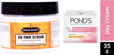 Sheer Secret De-Tan Scrub 300ml and Pond's White Beauty Sun Protection SPF 15PA Anti-Spot Fairness Cream 35gm(2 Items in the set)