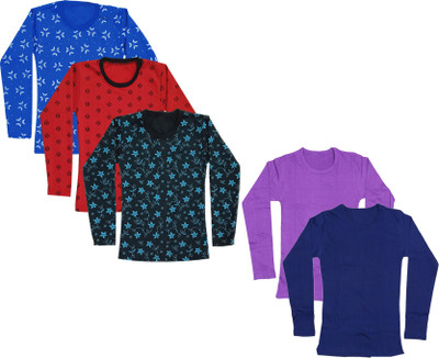 IndiWeaves Girls Solid, Printed Cotton Blend Regular T Shirt(Multicolor, Pack of 5)