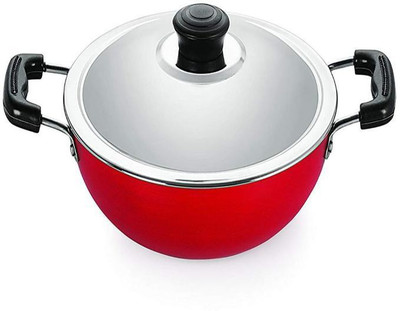 NIRLON Plus Non-Stick Flat Base Kadai with Lid Kadhai 24 cm diameter with Lid 2.6 L capacity(Aluminium, Non-stick)