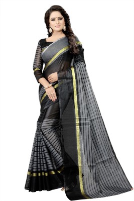 Suali Striped Bollywood Cotton Blend Saree(Black)