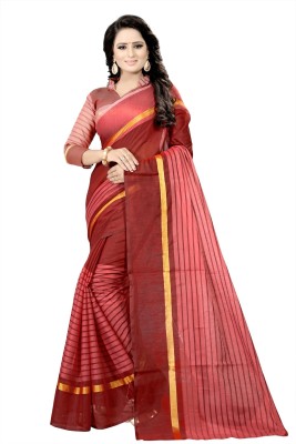 Suali Striped Bollywood Cotton Blend Saree(Maroon)