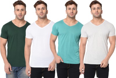 Jangoboy Solid Men V Neck Dark Green, White, Light Green T-Shirt