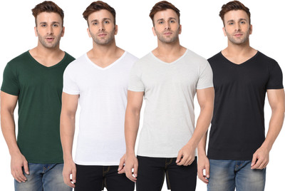 Jangoboy Solid Men V Neck Dark Green, White, Black T-Shirt