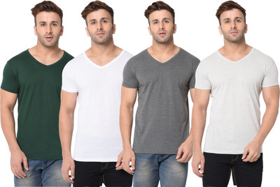 Adorbs Self Design, Solid Men V Neck Dark Green, White, Grey T-Shirt