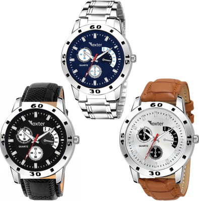 FOXTER Combo Of 3 Round Dial Leather And Steel Strap Stylish Analog Watch - For Men
