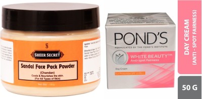 Sheer Secret Sandal Face Pack Powder 150gm and Pond's White Beauty Sun Protection SPF 15PA Anti-Spot Fairness Cream 50gm(2 Items in the set)