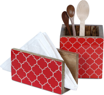 VarEesha 1 Compartments Mango Wood Napkin and Spoon Holder Set(Red)