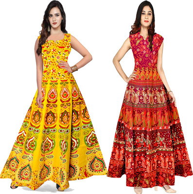 Shree Disha Women Gown Yellow, Pink Maxi/Full Length Dress
