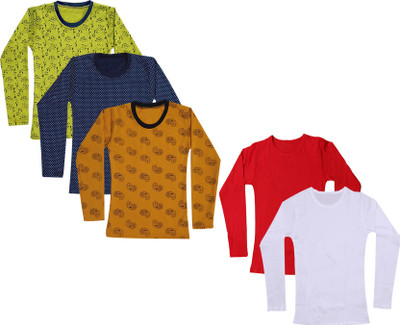 IndiWeaves Girls Solid, Printed Cotton Blend Regular T Shirt(Multicolor, Pack of 5)