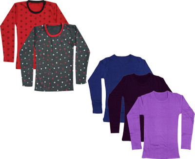 IndiWeaves Girls Printed Cotton Blend Regular T Shirt(Multicolor, Pack of 5)