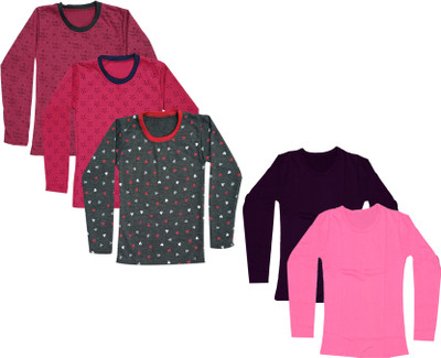 IndiWeaves Girls Solid, Printed Cotton Blend Regular T Shirt(Multicolor, Pack of 5)