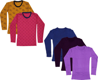 IndiWeaves Girls Solid, Printed Cotton Blend Regular T Shirt(Multicolor, Pack of 5)