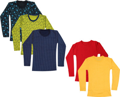 IndiWeaves Girls Solid, Printed Cotton Blend Regular T Shirt(Multicolor, Pack of 5)