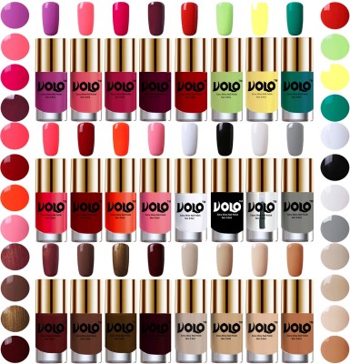 Volo Deal of the Day Ultra HD Shine Nail Polish Long Lasting Combo-No-15 Bright Plum, Pink Mania, Moon Magenta, Wine, Reddish Orange, Parrot Green, Yellow, Radium Green, Carrot Red, Red, Coral, Light Pink, Matte White, Black, Extra Shine Top Coat, Grey, Metallic Maroon, Chocolate Brown, Brown Coffee