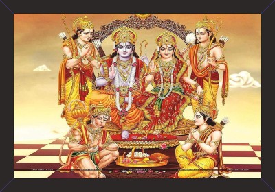 Mad Masters Lord Shri Ram, Laxman, Sita and Hanuman Hindu God Wooden Photo Framed Painting (Paper, 19 x 13 Inches) Canvas 13 inch x 19 inch Painting(With Frame)