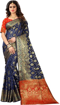 AVIYOM Self Design, Embellished Kanjivaram Pure Silk, Art Silk Saree(Dark Blue)