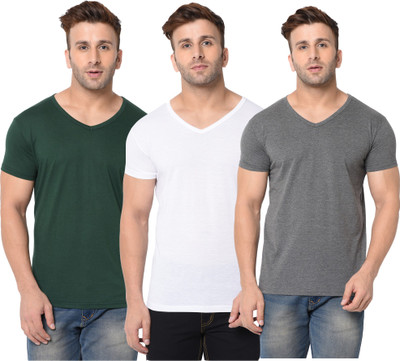 Adorbs Solid Men V Neck Dark Green, White, Grey T-Shirt