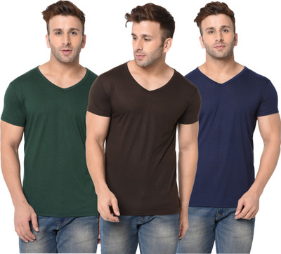 Jangoboy Solid Men V Neck Dark Blue, Dark Green, Brown T-Shirt