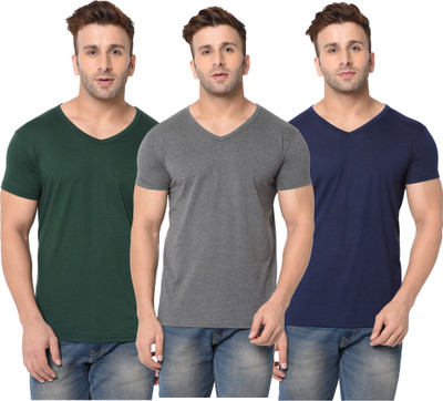 Unite Wear Self Design, Solid Men V Neck Green, Blue, Grey T-Shirt
