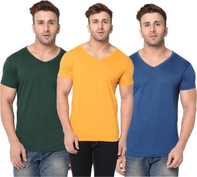 Behemoth Solid Men V Neck Dark Blue, Dark Green, Yellow T-Shirt