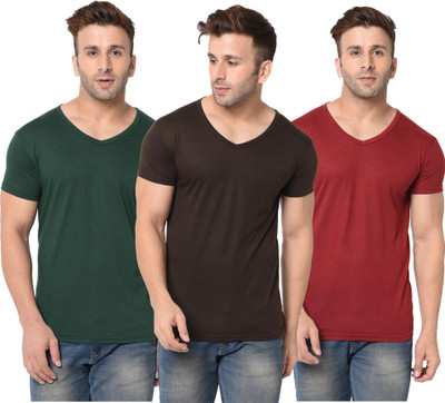 Jangoboy Solid Men V Neck Dark Green, Brown, Maroon T-Shirt