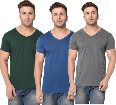 Unite Wear Self Design, Solid Men V Neck Green, Blue, Grey T-Shirt