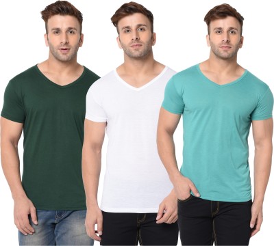 Behemoth Solid Men V Neck Dark Green, White, Light Green T-Shirt