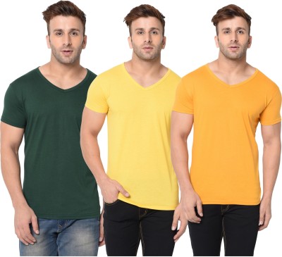 Jangoboy Solid Men V Neck Dark Green, Yellow T-Shirt