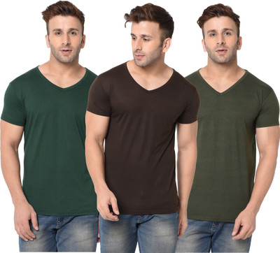 Jangoboy Solid Men V Neck Dark Green, Brown T-Shirt