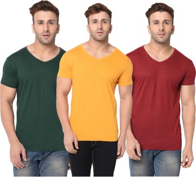 Jangoboy Solid Men V Neck Dark Green, Maroon, Yellow T-Shirt