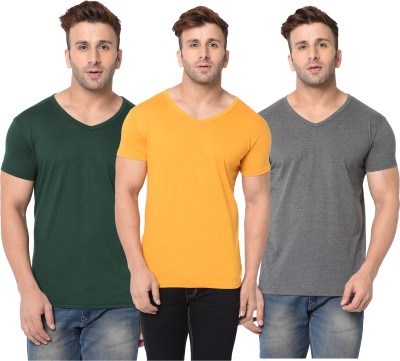 Adorbs Solid Men V Neck Dark Green, Grey, Yellow T-Shirt